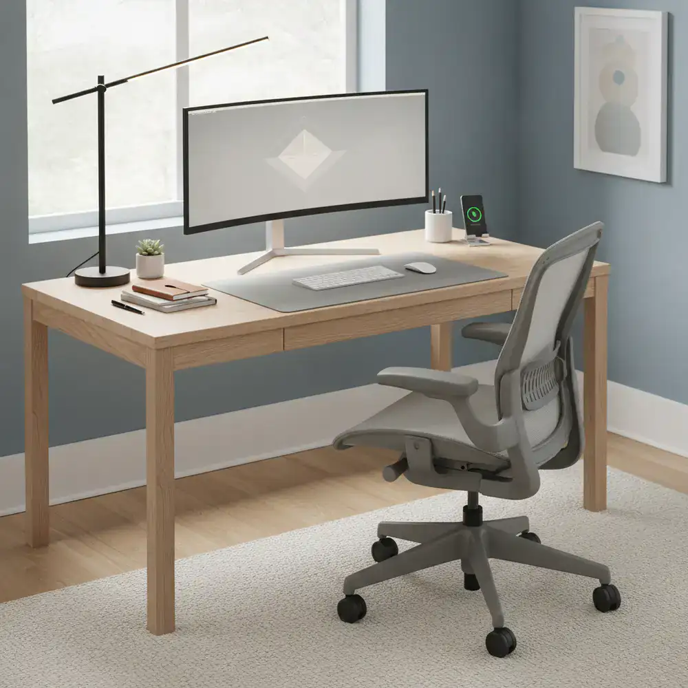 A beautifully organized modern home office desk with ergonomic chair and proper lighting