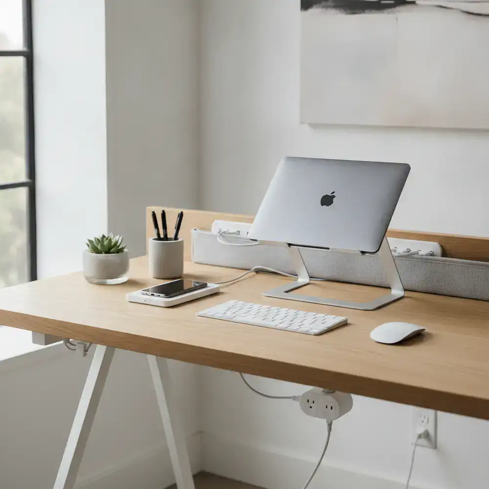 Minimalist desk accessories and cable management tools
