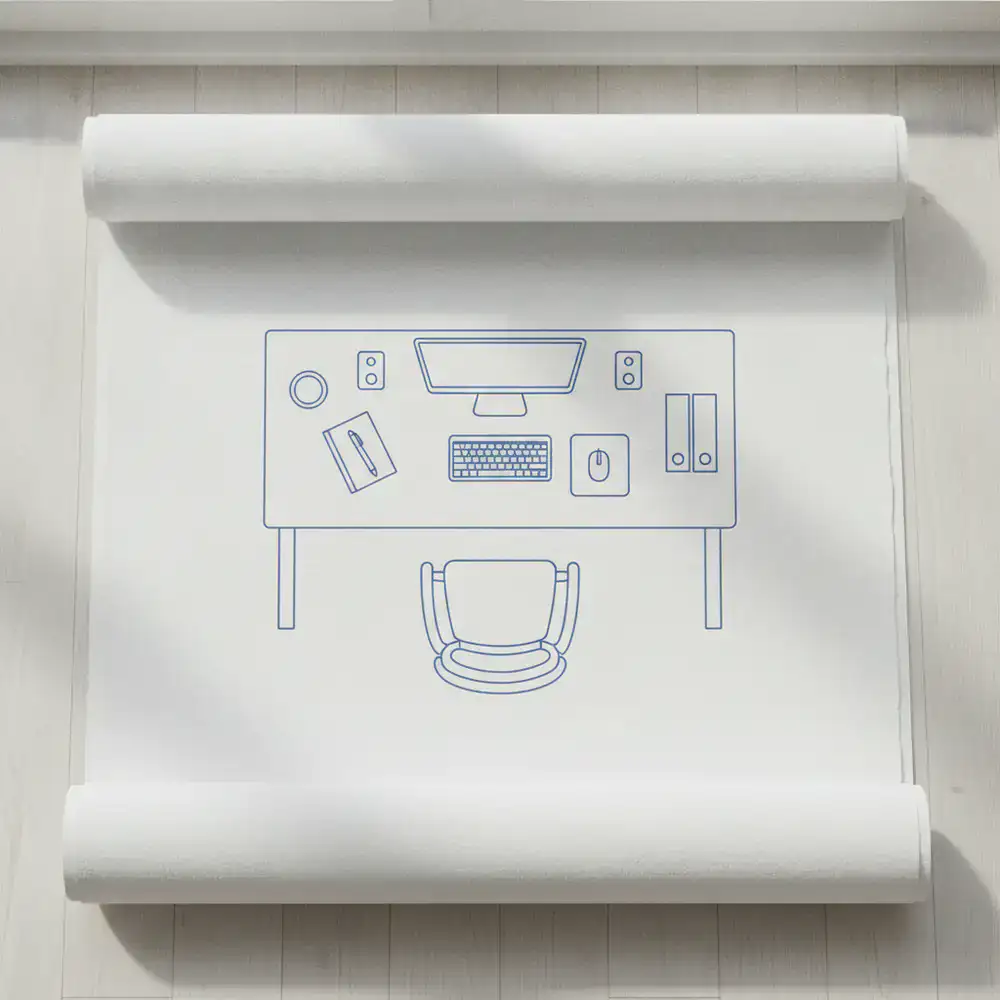 Abstract top-down view of a neatly arranged desk blueprint