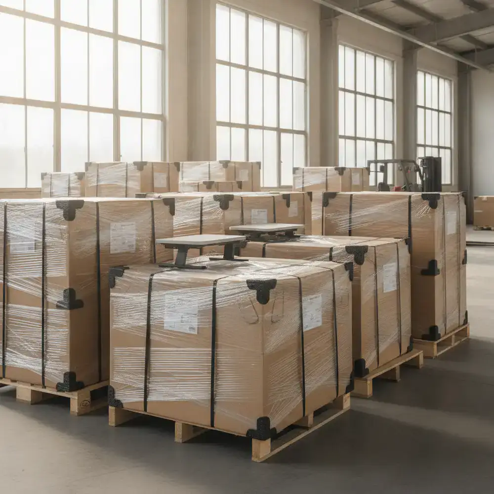 Securely packaged ergonomic office furniture ready for dispatch