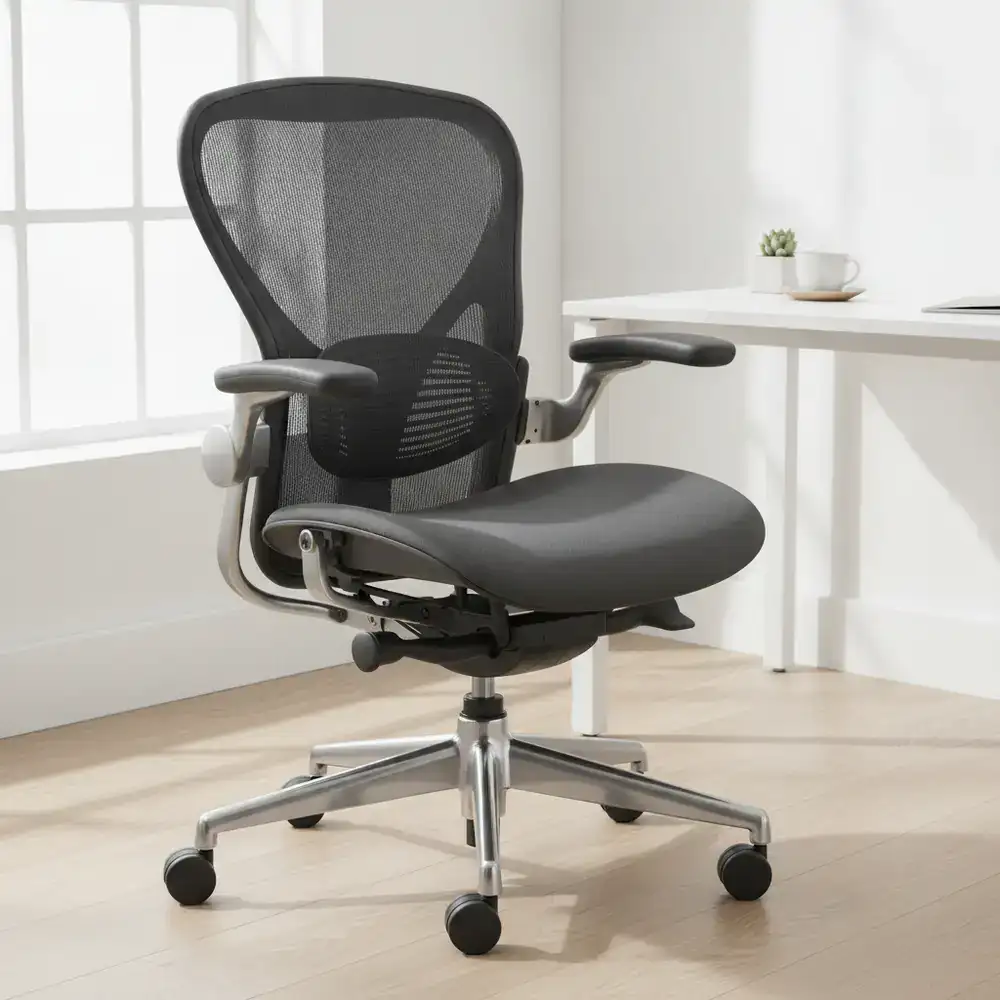 Detail of a premium ergonomic desk chair in a minimal studio setup