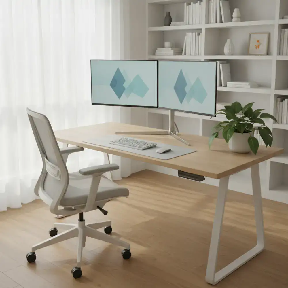 A clean, well-lit modern home office setup with a dual monitor display and ergonomic chair
